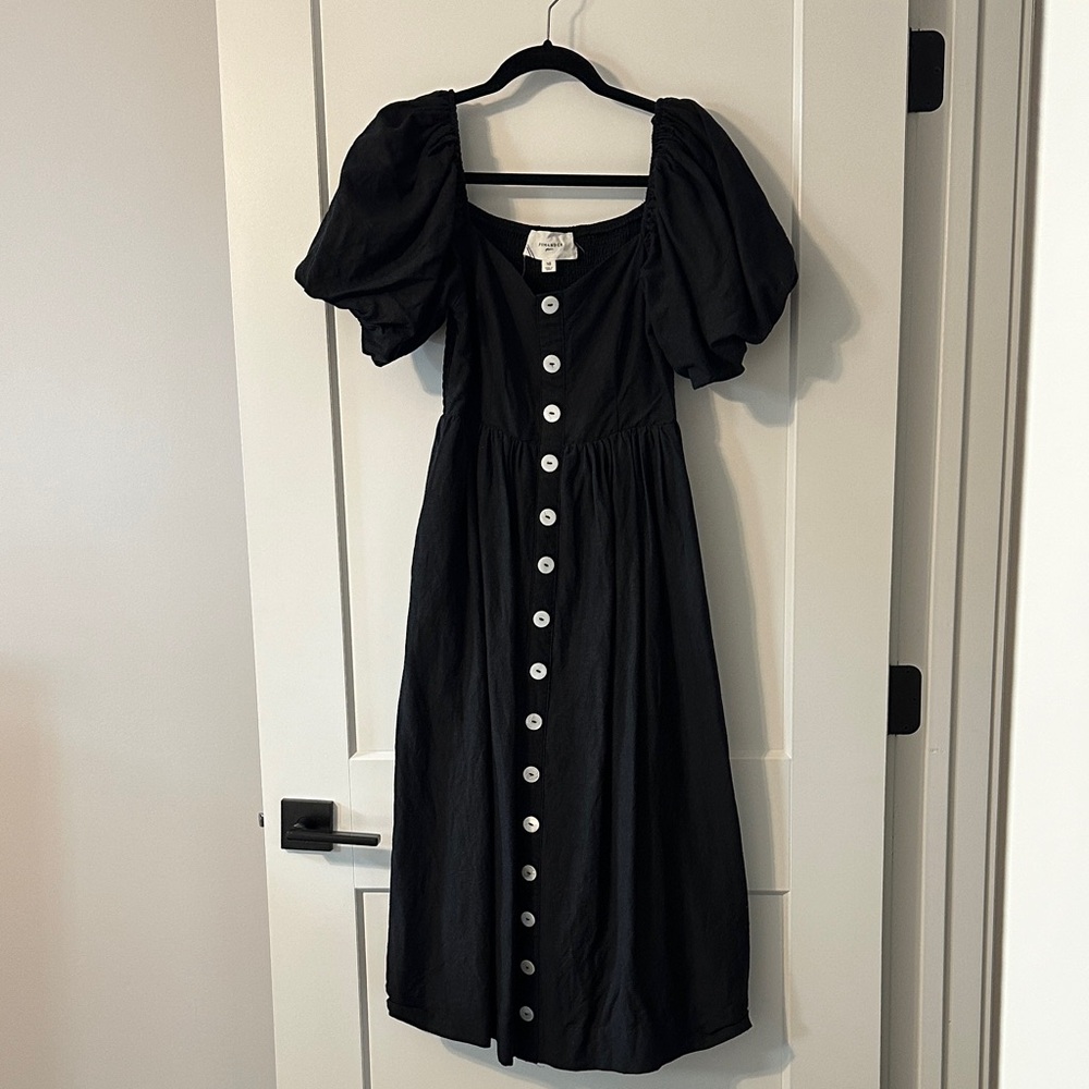 Pomander Place Black Midi Dress with Puff Sleeves